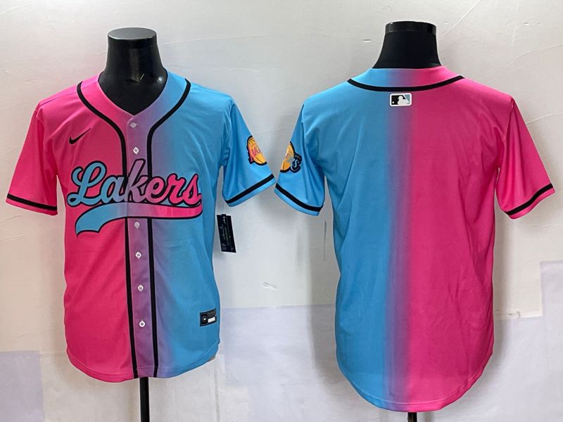 Men 2025 Los Angeles Lakers Blank Blue pink Nike Joint Name NBA Jersey style 1